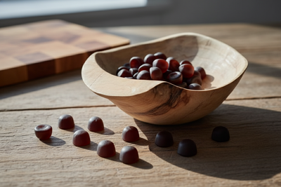 Gummy supplements in wooden bowl